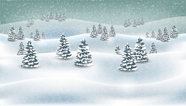 Snowy field with conifer trees. Winter rural backdrop. Christmas holiday background. - Photo, Image