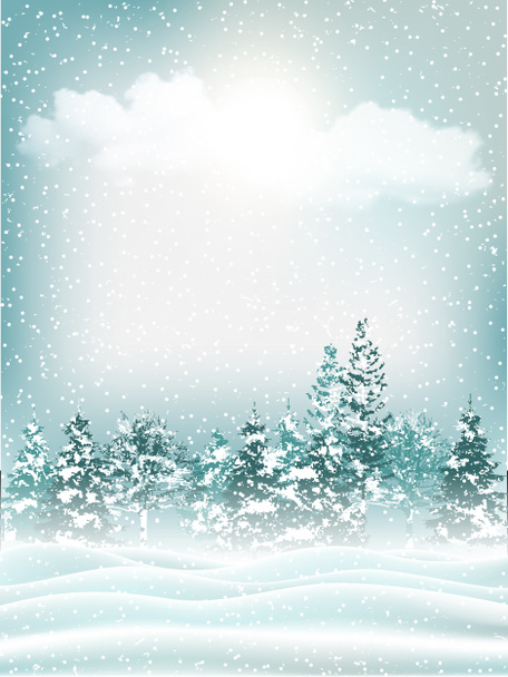 Függőleges természetes téli háttér. Illusztráció örökzöld erdő havas napon. - Fotó, kép