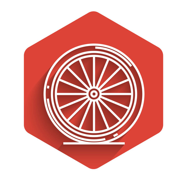 White line Bicycle wheel icon isolated with long shadow. Bike race. Extreme sport. Sport equipment. Red hexagon button. Vector Illustration - Vector, Image