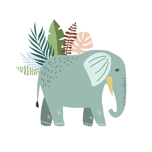 Illustration of an elephant with plants. Vector flat doodle animals in doodle style - Wektor, obraz