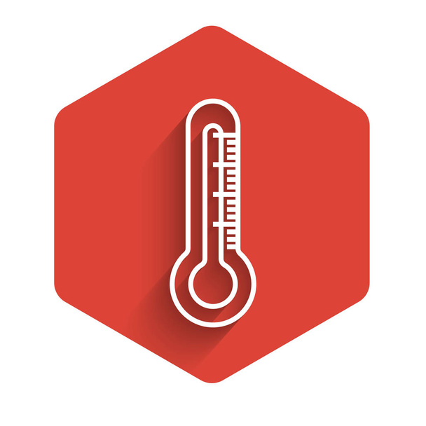 Biała ikona termometru linii izolowana długim cieniem. Czerwony sześciokąt. Ilustracja wektora - Wektor, obraz