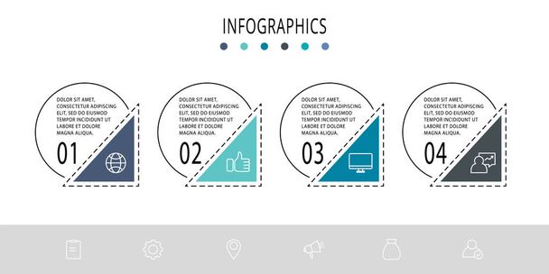 Vektor flache Vorlage Kreis Infografiken. Geschäftskonzept mit 4 Optionen und Pfeilen. vier Schritte für Inhalt, Marketing, Präsentation, Grafik, Diagramme, Diashow - Vektor, Bild