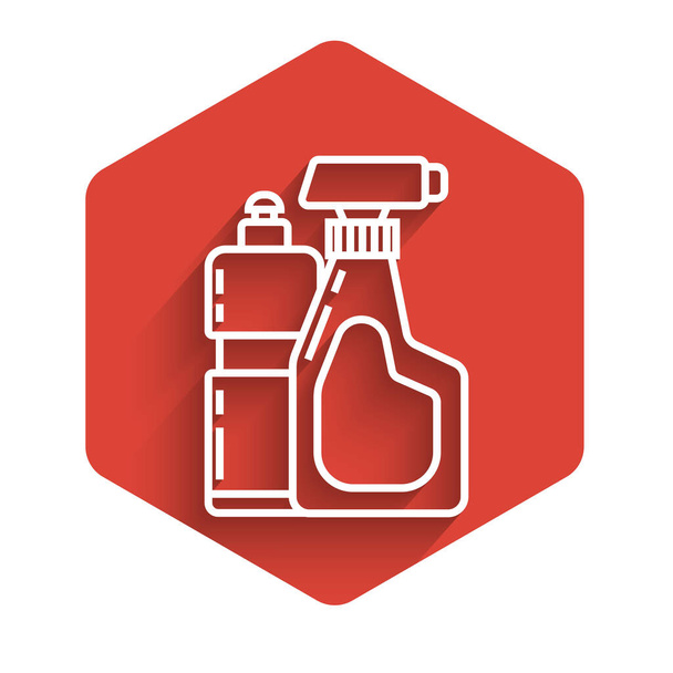 White line Plastic bottles for liquid laundry detergent, bleach, dishwashing liquid or another cleaning agent icon isolated with long shadow. Red hexagon button. Vector Illustration - ベクター画像