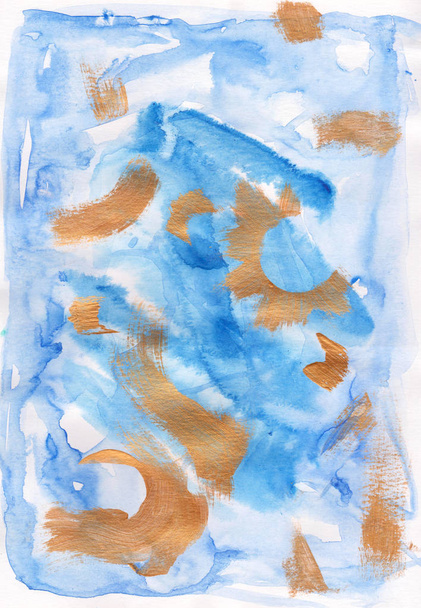 Akvarel abstraktní pozadí. Průhledné modré akvarelové tahy štětcem, skvrny a zlatá textura. Abstraktní textura pro textil, papír, obaly - Fotografie, Obrázek