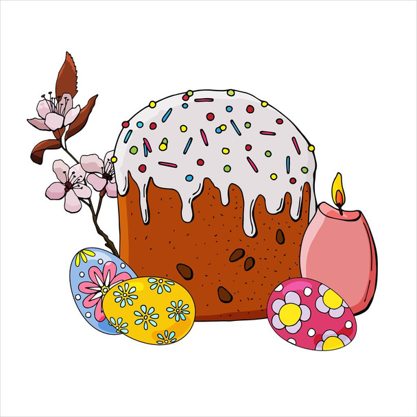 Easter set of easter cake and colored eggs. For your design, cards, announcements. - Vektör, Görsel