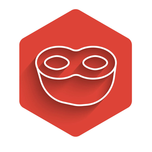 Witte lijn Feestelijke masker pictogram geïsoleerd met lange schaduw. Rode zeshoek knop. Vector Illustratie - Vector, afbeelding