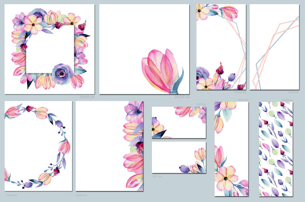 Шаблони листівок, встановлені з акварельними рожевими та фіолетовими ніжними квітами; художній дизайн для бізнесу, весілля, запрошення на річницю, флаєри, брошури, номер столу, RSVP, Дякую картка, Зберегти листівку дати
 - Фото, зображення