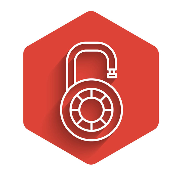 White line Safe combination lock wheel icon isolated with long shadow. Combination padlock. Security, safety, protection, password, privacy. Red hexagon button. Vector Illustration - Vektör, Görsel