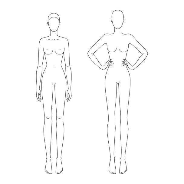 Fashion template 9 head for technical drawing with main lines.  - Vector, Image