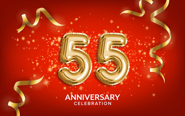 55-vuotisjuhla. Vuosipäivä Juhlimme teksti ilmapalloja kultainen käärme ja konfetti punaisella pohjalla. Syntymäpäivä tai häät tapahtuma koristelu. Kuvantamisvarasto
 - Valokuva, kuva