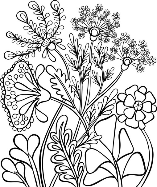 könyv színezés könyv virágok növények vonal vektor antistress oldal vázlat illusztráció firka vázlat fekete-fehér izolátum képeslap jellege - Vektor, kép