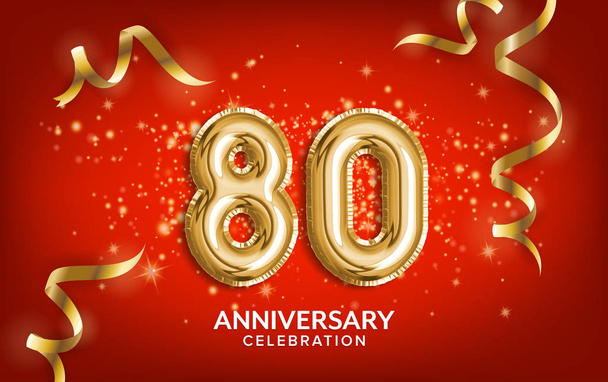 80th Anniversary celebration. Anniversary Celebrating text balloons with golden serpentine and confetti on red background. Birthday or wedding party event decoration. Illustration 3D stock - Photo, Image