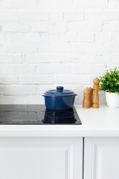 modern white kitchen interior with pot on electric induction cooktop near plant near brick wall - Foto, Bild