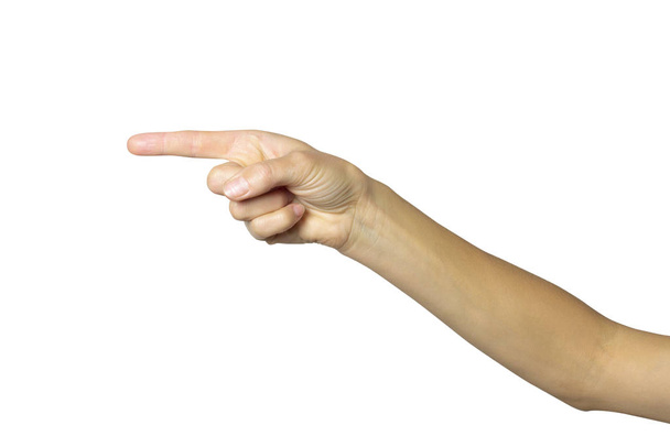 La mano femenina señala o empuja algo con el dedo índice sobre un fondo blanco aislado
 - Foto, Imagen