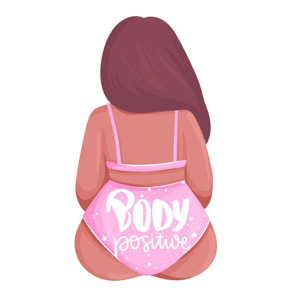 Illustration vectorielle positive du corps. Femme taille plus habillée en maillots de bain assis à l'arrière
. - Vecteur, image