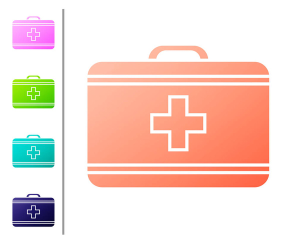 Coral First aid kit icon isolated on white background. Medical box with cross. Medical equipment for emergency. Healthcare concept. Set color icons. Vector Illustration - Vector, Image