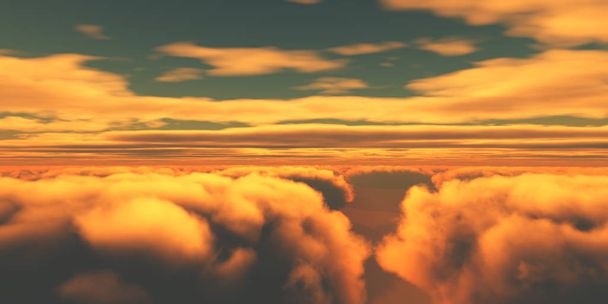 Hermosa vista aérea por encima de las nubes con puesta de sol. ilustración 3d
 - Foto, Imagen