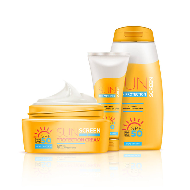 Bannière publicitaire pour crème solaire avec tube 3d réaliste, bouteille et pot avec gel ou crème - Vecteur, image