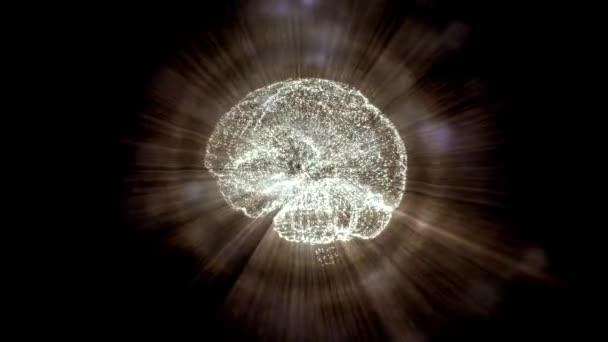 Streszczenie wideo ludzkiego mózgu w promieniach świetlnych i cząstkach bokeh na czarnym tle. - Materiał filmowy, wideo