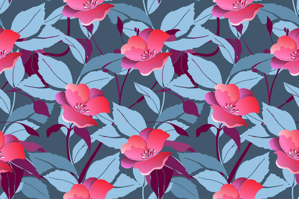 Art floral vector seamless pattern. Evening pink flowers in blue foliage isolated on deep blue background. Endless pattern with flowers for wallpaper, fabric, home and kitchen textile. - ベクター画像