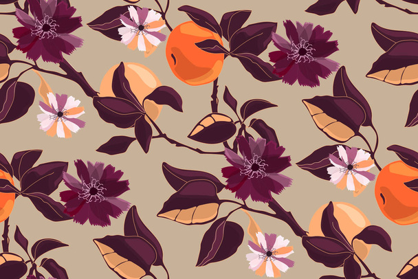 Art floral vector seamless pattern. Branches of a tangerine tree with ripe orange fruits, Burgundy leaves, flowers. Vector elements isolated on light coffee background. Tile pattern. - Вектор,изображение