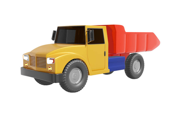 Big car dump truck with a body cartoon style realistic design yellow, red, blue color. Kids toy isolated white background. Minimalistic transport concept. 3D rendering. - Valokuva, kuva
