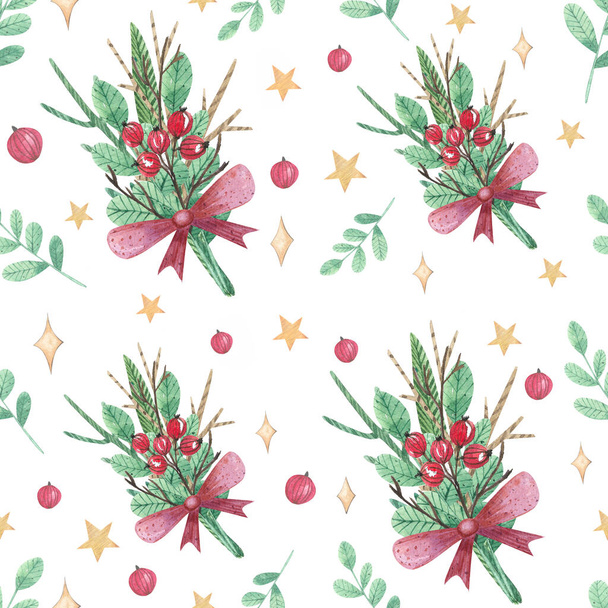 акварелью Рождество бесшовный узор с элементами новогоднего декора. Луки, листья, ягоды, звезды на белом фоне
 - Фото, изображение