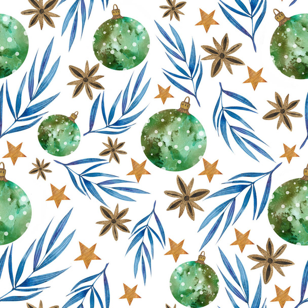 акварелью Рождество бесшовный узор с элементами новогоднего декора. Яйца, листья, звезды, сердца на белом фоне
 - Фото, изображение