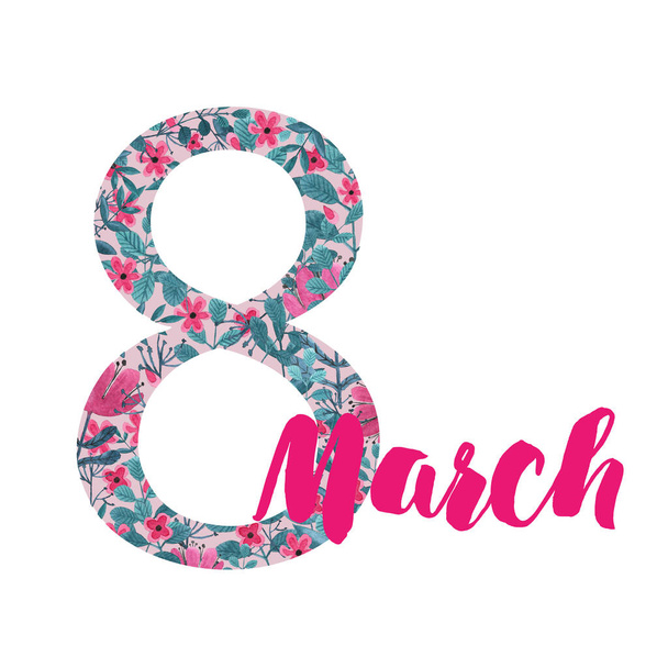 Χαρούμενη ημέρα των γυναικών, ακουαρέλα εικόνα για 8 Μαρτίου κάρτα, με χαριτωμένα ροζ λουλούδια και γράμματα που απομονώνονται σε λευκό - Φωτογραφία, εικόνα