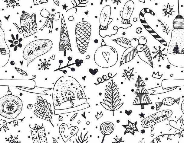 Μαύρη γραμμή αδιάλειπτη μοτίβο του νέου έτους και εικονίδια Χριστούγεννα. Χειροποίητη απεικόνιση. Χειμερινά στοιχεία για ευχετήριες κάρτες, αφίσες, πανό και εποχιακό σχεδιασμό. Απομονωμένα σε λευκό φόντο - Φωτογραφία, εικόνα