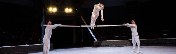 panoramic shot of gymnast exercising on pole near acrobats in circus - Photo, Image