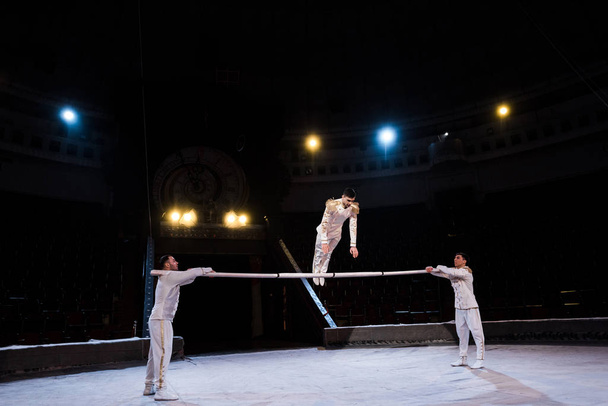 flexible gymnast exercising on pole near acrobats in circus - Photo, Image