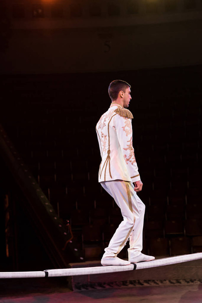 side view of handsome gymnast standing on pole in arena of circus  - Foto, Imagem