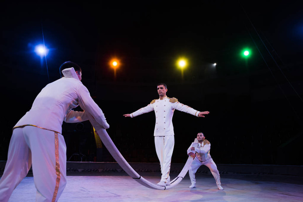 selektywne skupienie przystojnego akrobaty lotniczego balansującego na biegunie w pobliżu mężczyzn w cyrku  - Zdjęcie, obraz