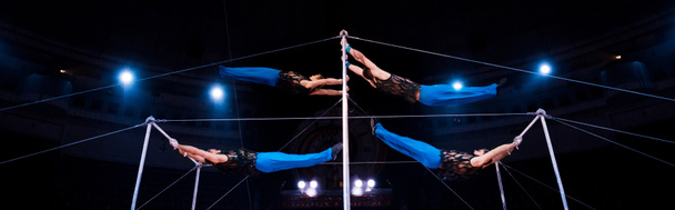 neljän voimistelijan panoraama laukaus sirkuksen vaakasuorissa tangoissa
   - Valokuva, kuva