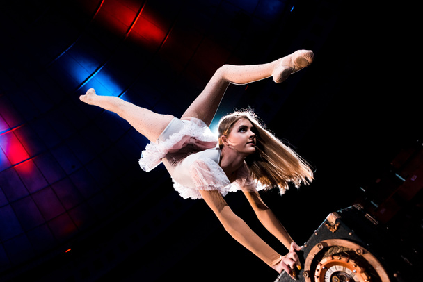 flexible girl doing handstand while performing in arena of circus  - Фото, изображение