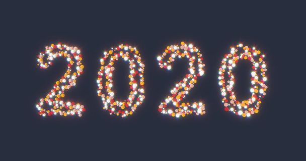 Die Jahreszahl 2020 besteht aus warmen, bunten Low-Poly-Partikeln. Funkelnder Glanz - Foto, Bild