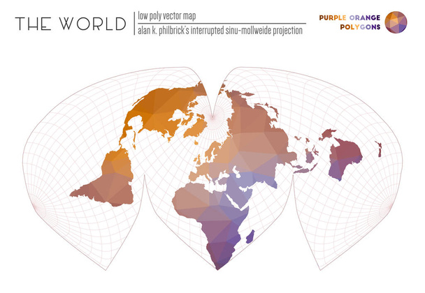 Abstract world map. Alan K. Philbrick's interrupted sinu-Mollweide projection of the world. Purple Orange colored polygons. Amazing vector illustration. - Vector, Image