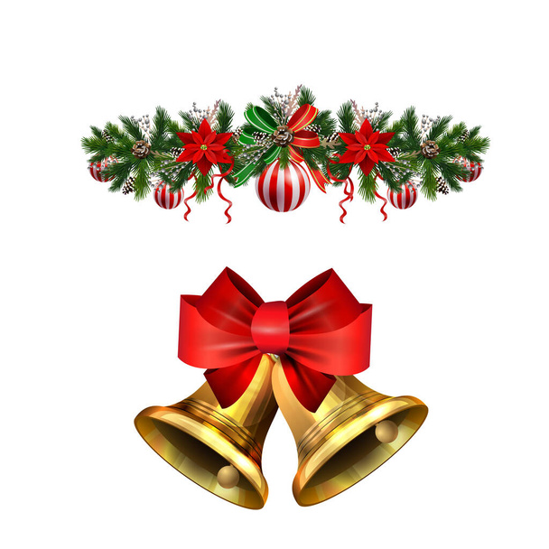 モミの木黄金のジングルベルとクリスマスの装飾 - ベクター画像