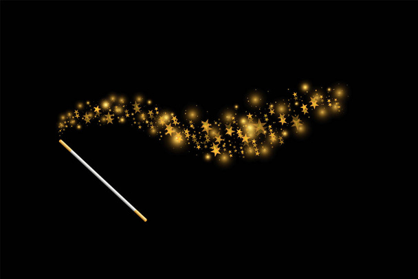 Magic wand with a stars with sparkle on black background. Trace of gold dust. Magic abstract background isolated. Miracle and magic. Vector illustration flat design - Vector, Image