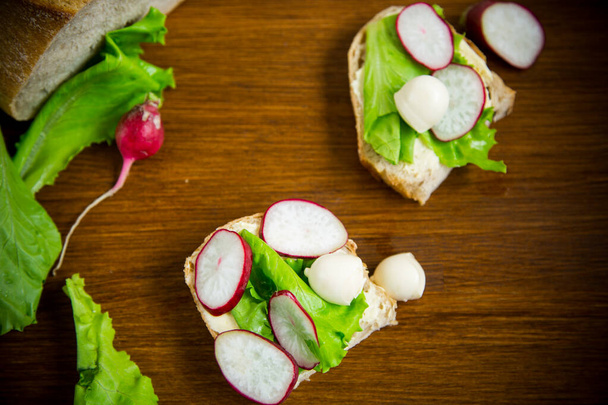 sándwich con queso, lechuga y rábano rojo sobre una madera
 - Foto, imagen