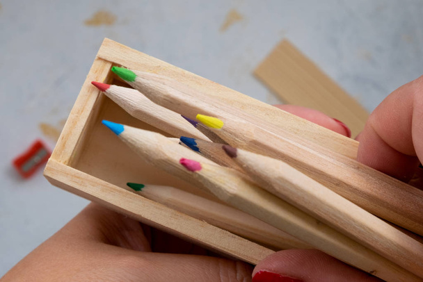 wooden pencil case with colour pencils for back to school - Foto, Imagem