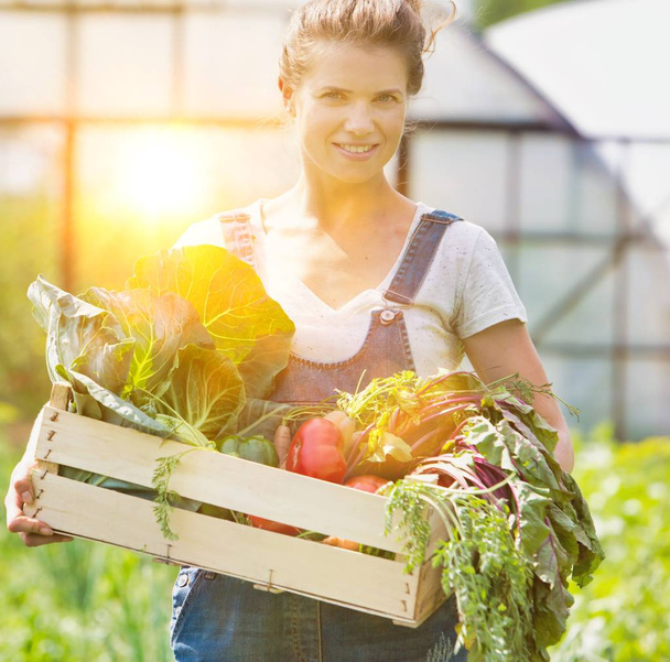Portrait of smiling adult woman holding vegetables in crate at farm - Photo, image