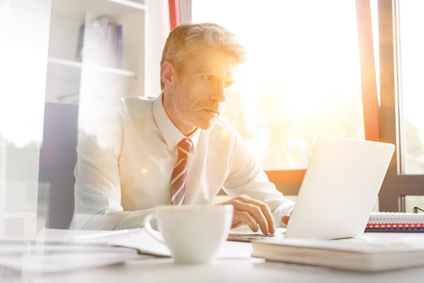 Mature businessman sitting and working on his desk in office with yellow lens flare in background  - Фото, зображення