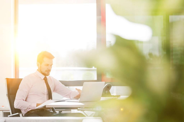 Young attractive businessman working in his private office with yellow lens flare in background  - Foto, Bild