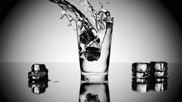Νερό και πάγος, μια ιδέα για την οπτική ταυτότητα των εταιρειών εμφιάλωσης νερού, ασπρόμαυρη εικόνα - Φωτογραφία, εικόνα