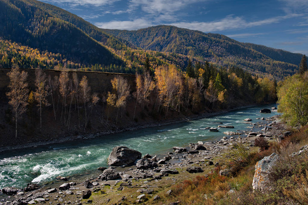 Rusia. montaña Altai. Finales de otoño en el río Chuya a lo largo del tracto Chuya
. - Foto, imagen