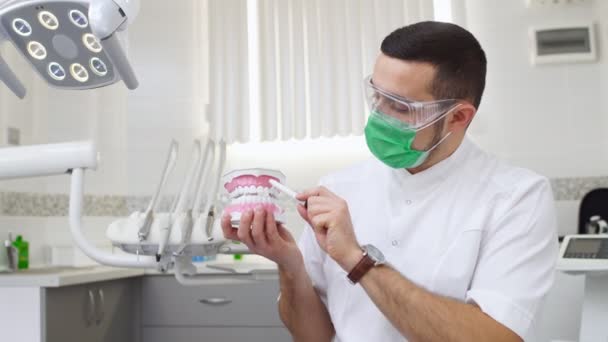 Odontólogo masculino sosteniendo modelo de dientes de mandíbula y explicando sobre goma de mascar. Educación sanitaria. - Imágenes, Vídeo