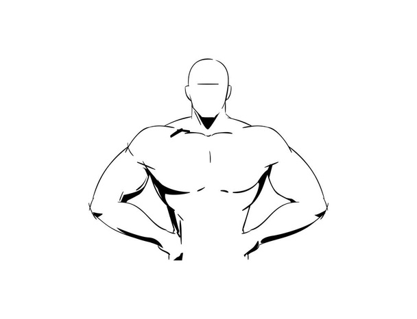 Silhueta de um atleta muscular atlético forte. Desenho de linha figura masculina para Gym Logo. Homem do desporto. Fisiculturista de pé com as mãos nos quadris. Torso do corpo do lutador. Ícone de fitness e saúde Esboço vetorial
 - Vetor, Imagem