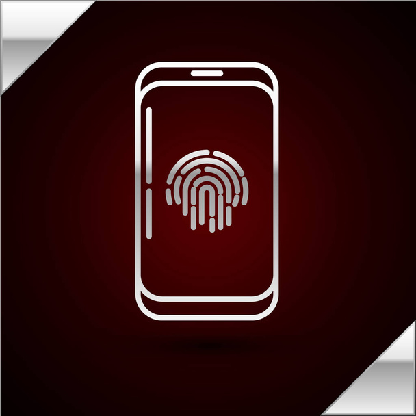 silberfarbenes Smartphone mit Fingerabdruckscanner-Symbol auf dunkelrotem Hintergrund. Sicherheitskonzept, persönlicher Zugriff per Finger auf dem Handy. Vektorillustration - Vektor, Bild